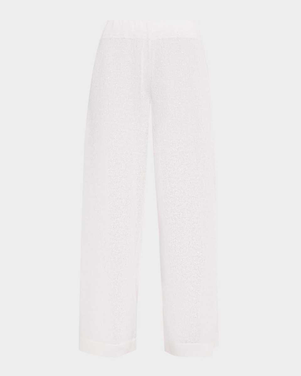Linen-Silk Paillette Knit Straight-Leg Pull-On Pants